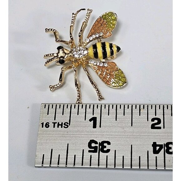 Gold Tone Bee Brooch Pin with Rhinestones & Enamel Wings Insect VTG - Picture 6 of 6